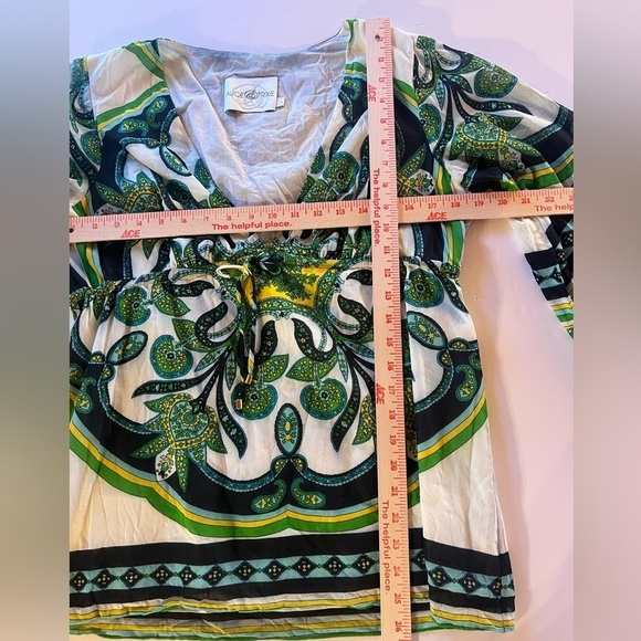 Vintage Y2K Alice & Trixie green blue paisley v-neck babydoll bell slv top sz L - Picture 7 of 9